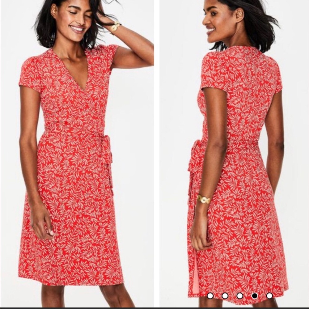 Boden Sz 4R Summer Wrap Dress Orange Olive Branch Print Stretch